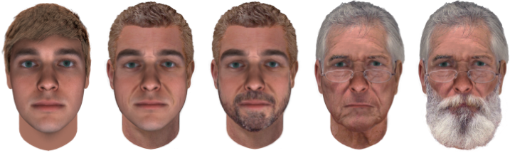Five faces, aged 25 through 75, some
        with beards and some without