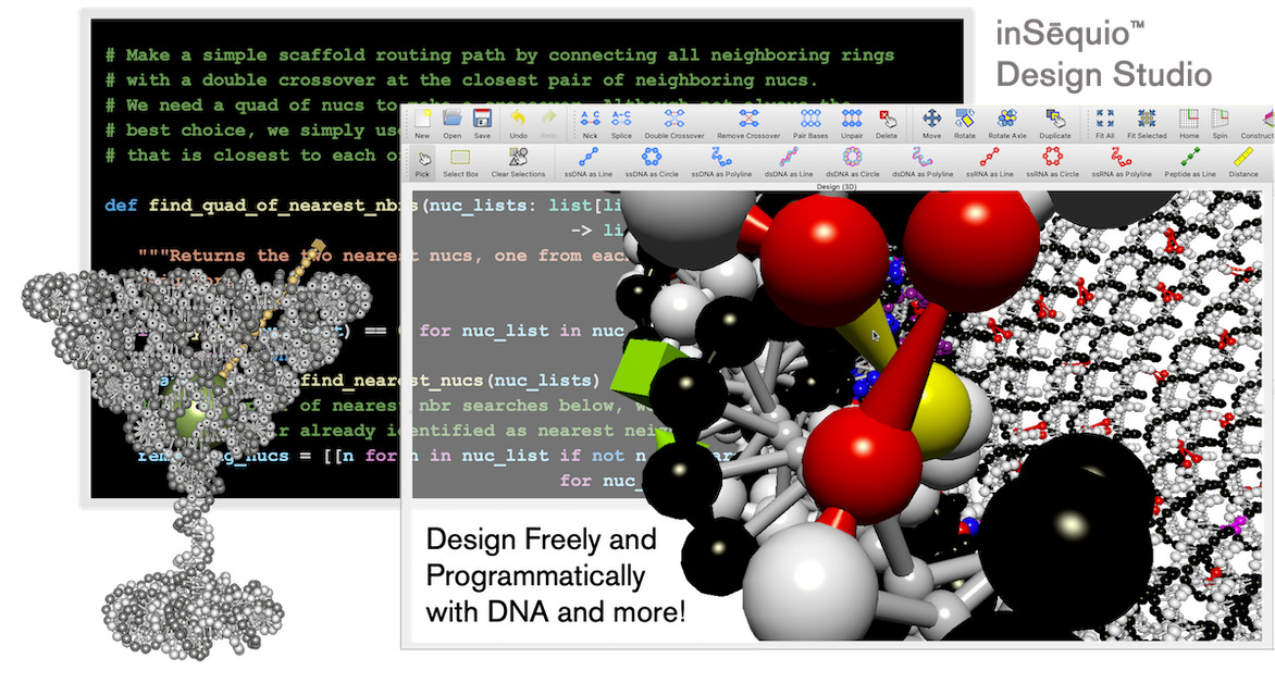 Insēquio was used to design a martini glass using strands of DNA.  On the left is the martini glass.  On the right is a close up of one of the DNA strands.  In the back is a screenshot of the software code and inSēquio interface.